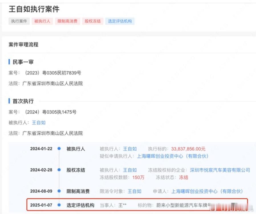王自如被执行案件有了最新进展：法院选定了评估机构，即将拍卖名下的汽车，显示是蔚来
