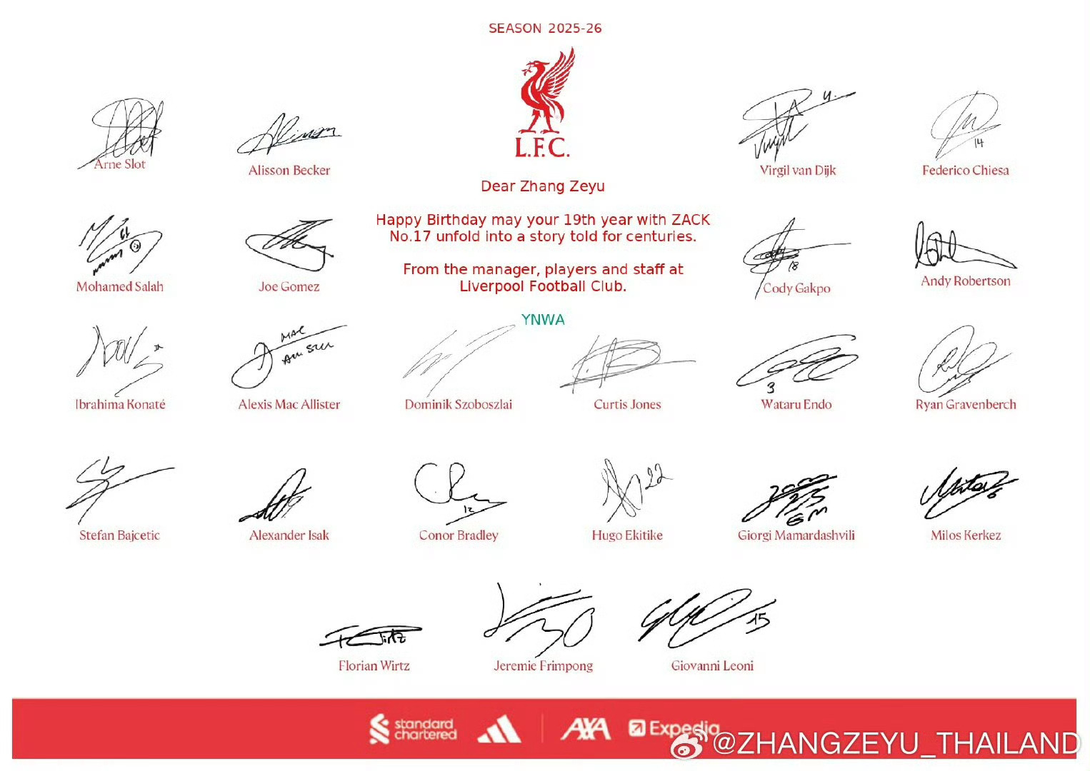 张泽禹连续两年收到利物浦的生日祝福利物浦连续两年准时为张泽禹送上生日祝福🎂这份