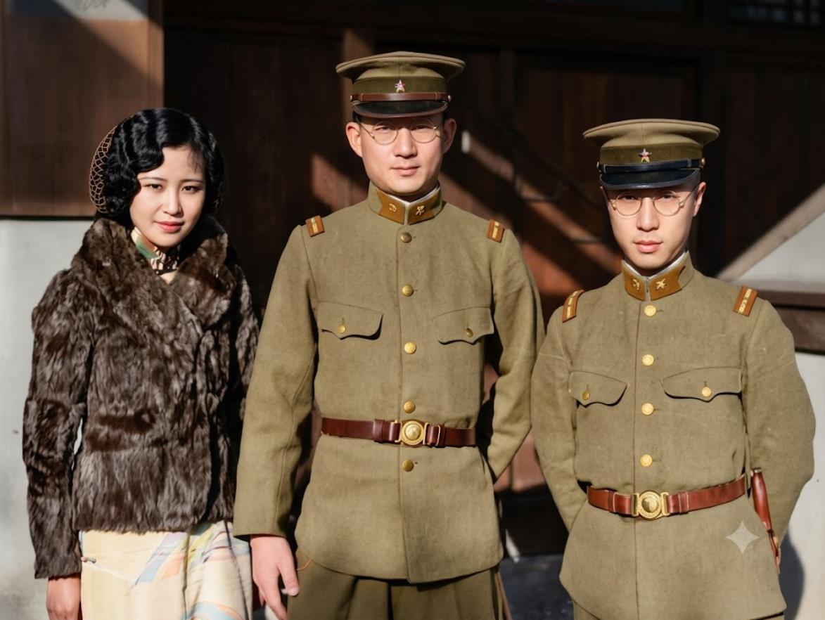 1934年，伪满新京，韫颖、郭布罗・润麒、溥杰同框。
三格格韫颖留着时髦卷发，身