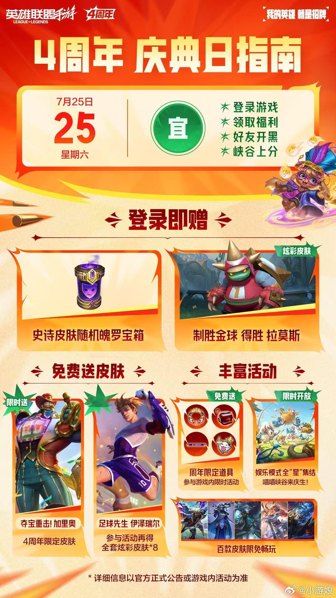 7月25日庆典日登录福利一图来啦！lol手游4周年嘉年华lol手游共赴盛宴lol