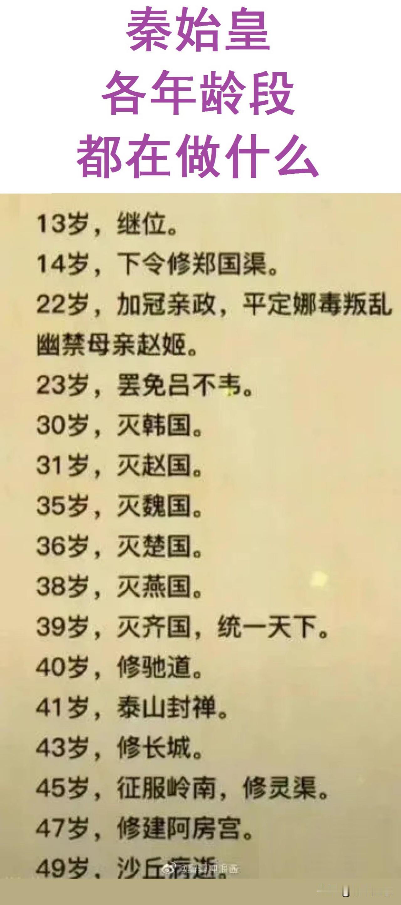 秦始皇13岁：当上了秦王；
22岁：亲政、平定嫪毐，幽禁母亲；
23岁：罢免吕不