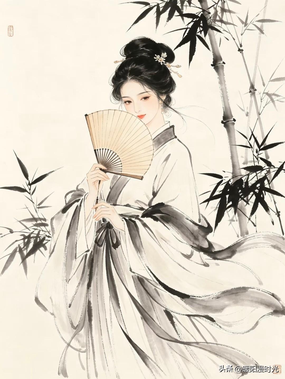 竹影摇纨扇，水墨藏清颜，一襟古风染流年。
桑桑头像馆国潮古韵仕女图插画分享
