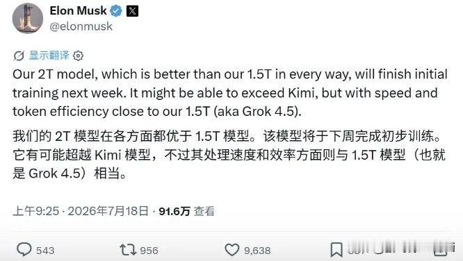 从1.5万亿干到2万亿参数。马斯克刚在X上官宣Grok 4.6下周完成训练，但真