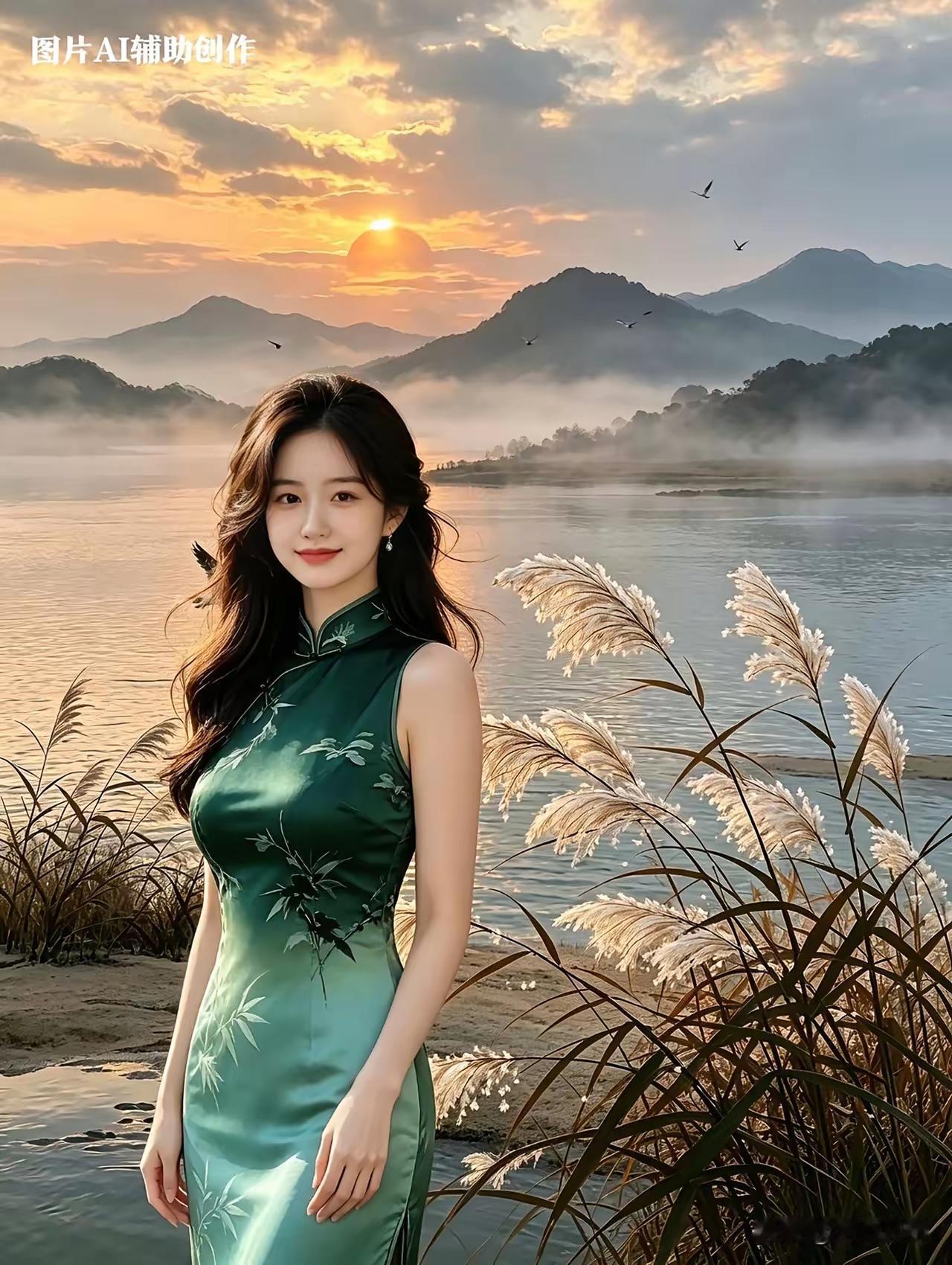 夕阳下，姑娘穿绿裙站在湖边。