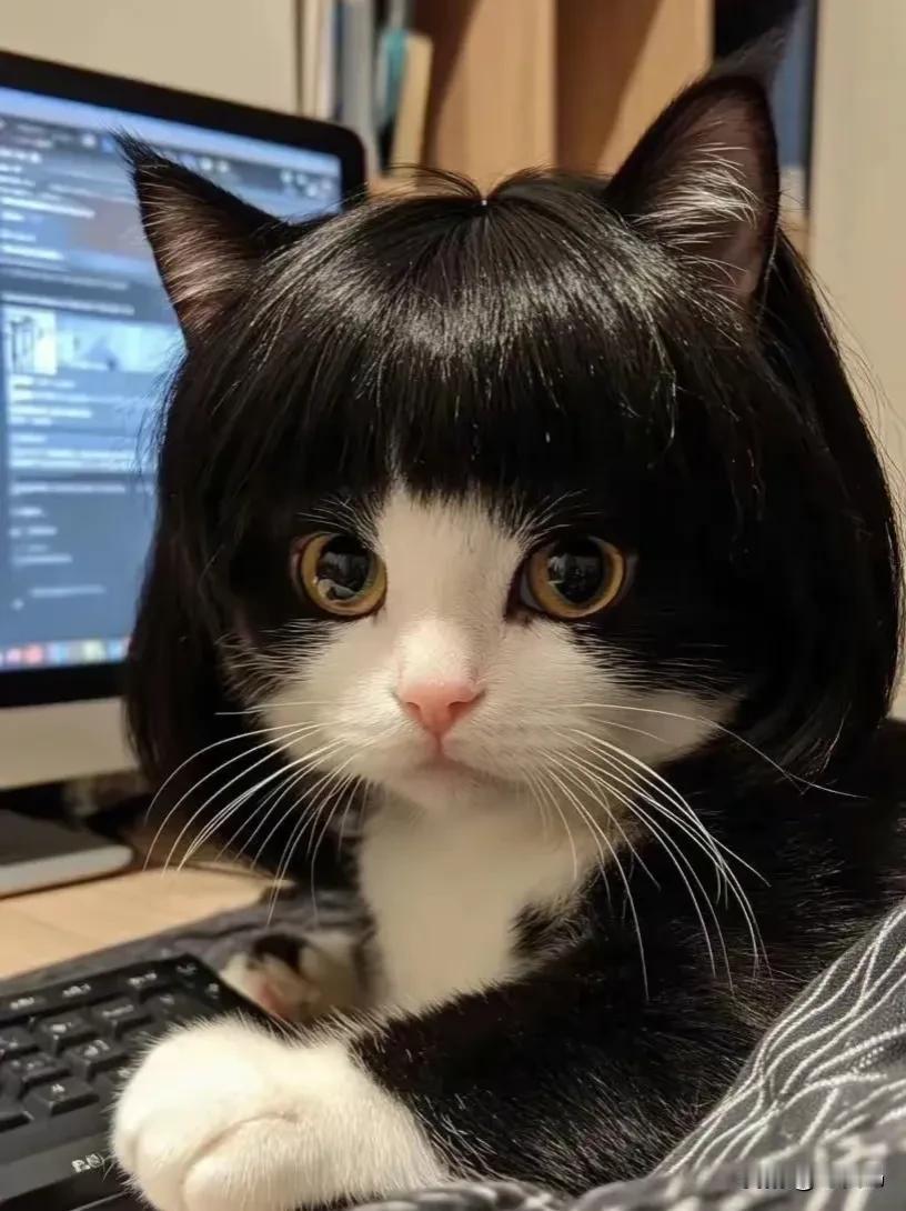 猫猫戴上了假发，看上去真是有够眉清目秀的！

其实，不光是猫猫，其实现在很多的女