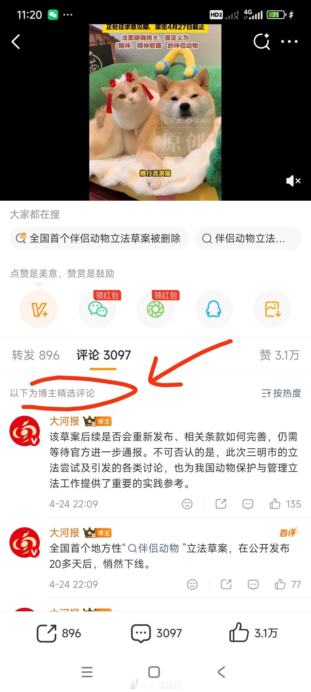 这个“全国首个伴侣动物立法草案被删除”话题下面，居然精选了一堆支持的评论，有些人