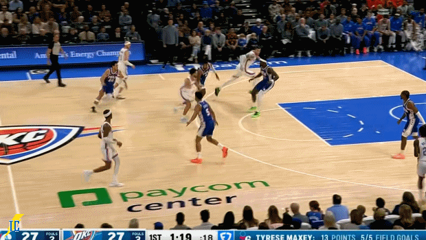 米切尔突破点飞保罗乔治后上篮得手，随后卡森华莱士借哈腾的掩护投进底角三分！76人