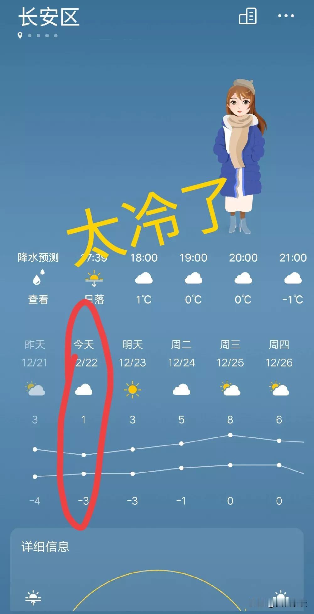 这天气可真冷！
坐标西安市长安区，今天的温度1°~(-3)°，微风。早上外面水池