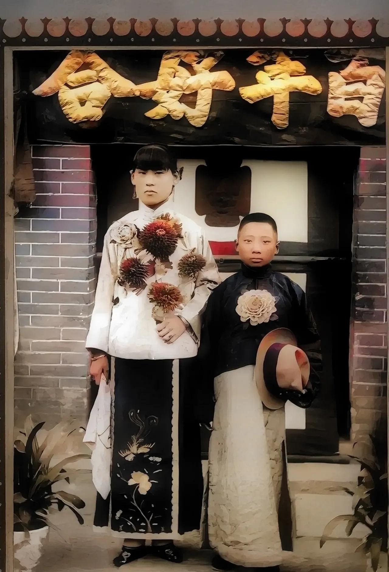 1920年，一个“童养媳”和“小丈夫”，罕见的合影，尽管他们是夫妻，年龄非常悬殊