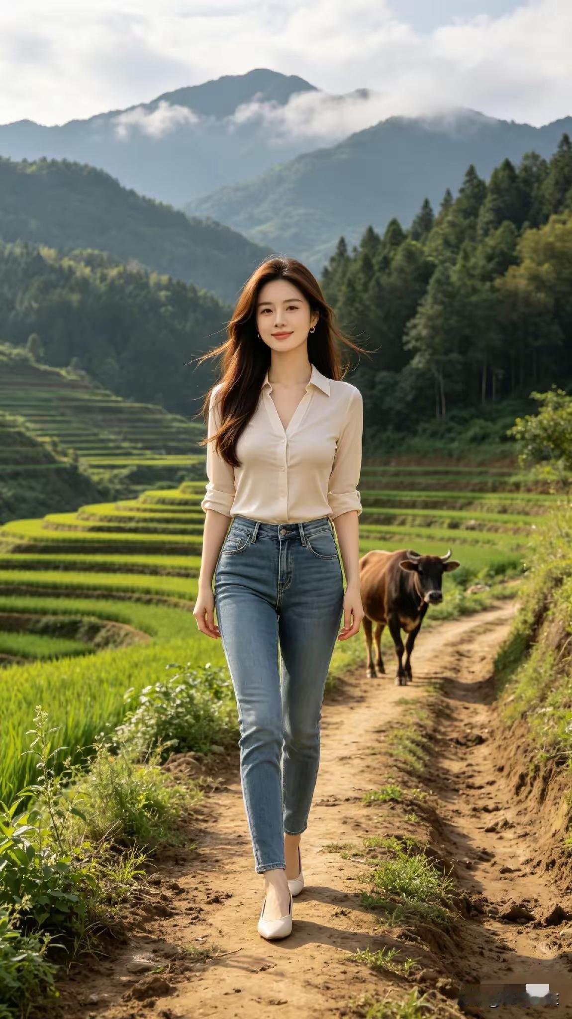 一个美女在田间小路上走着。