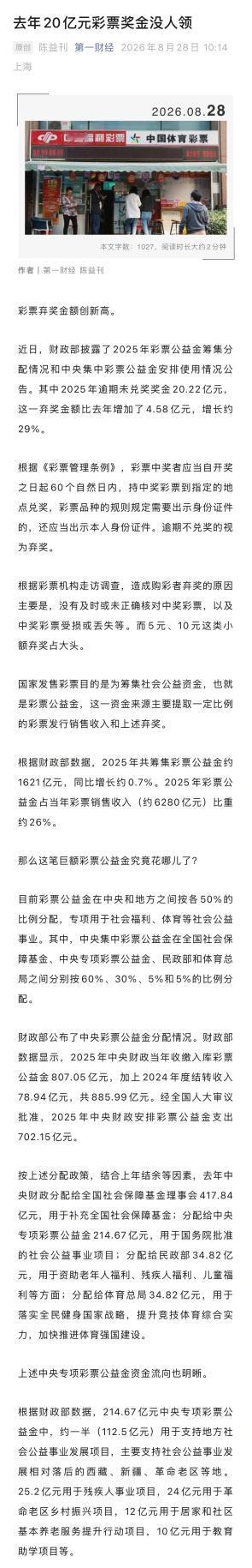财政部近期披露，2025年全国彩票逾期未兑奖奖金高达20.22亿元，同比激增约2