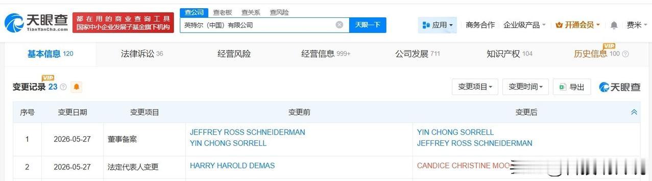 【英特尔中国法定代表人发生变更 英特尔中国发生高管变更】
天眼查App显示，近日