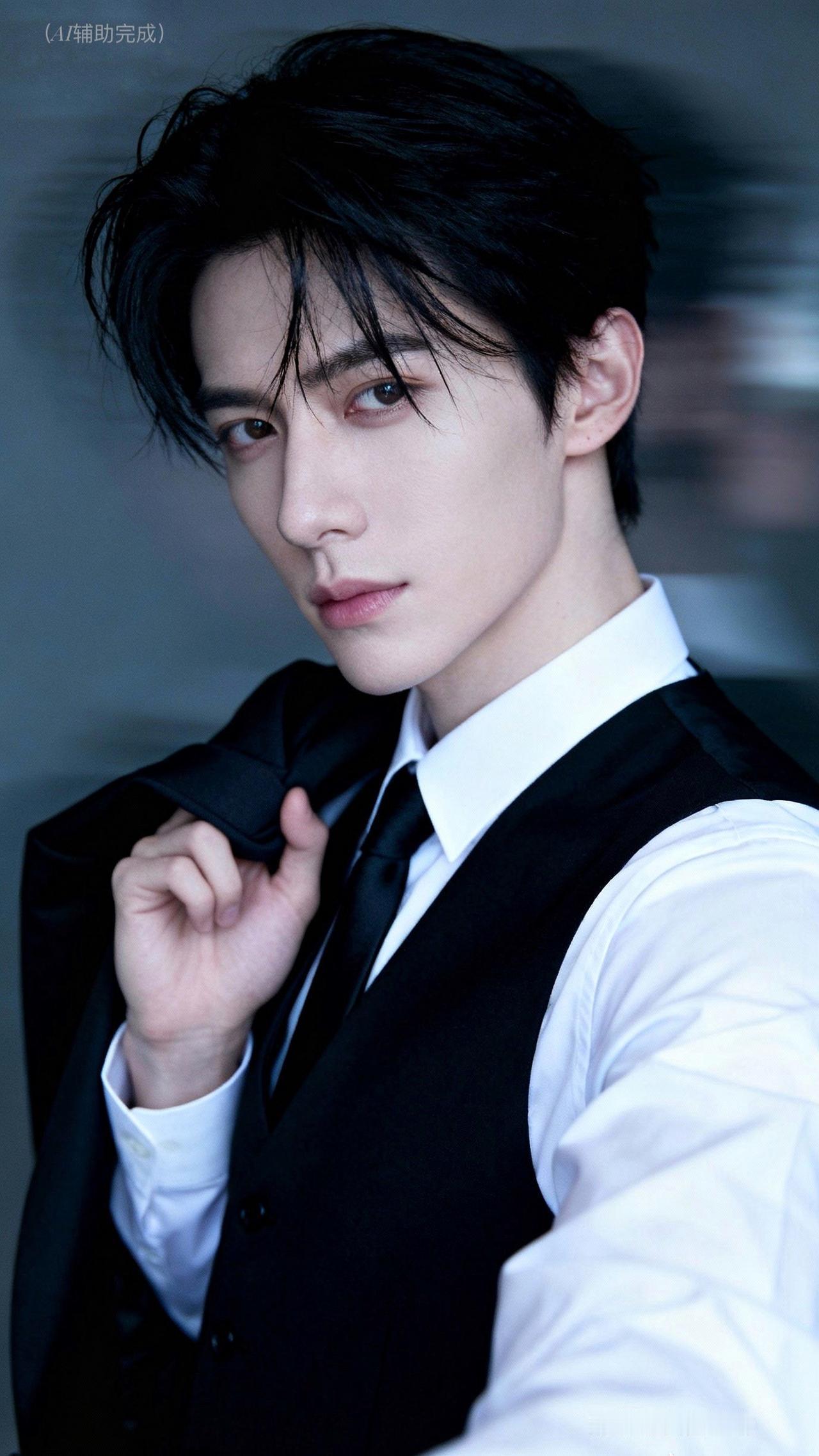 乌发利落搭黑外套，白衬衫黑马甲领带齐整。眉骨英挺眼神如炬，侧脸硬朗藏沉稳，发丝微