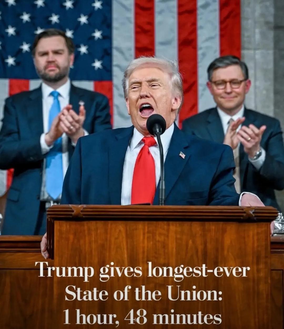 看完特朗普昨天108分钟的国情咨文，我的评价很直白：
 
第一点，体力确实惊人。