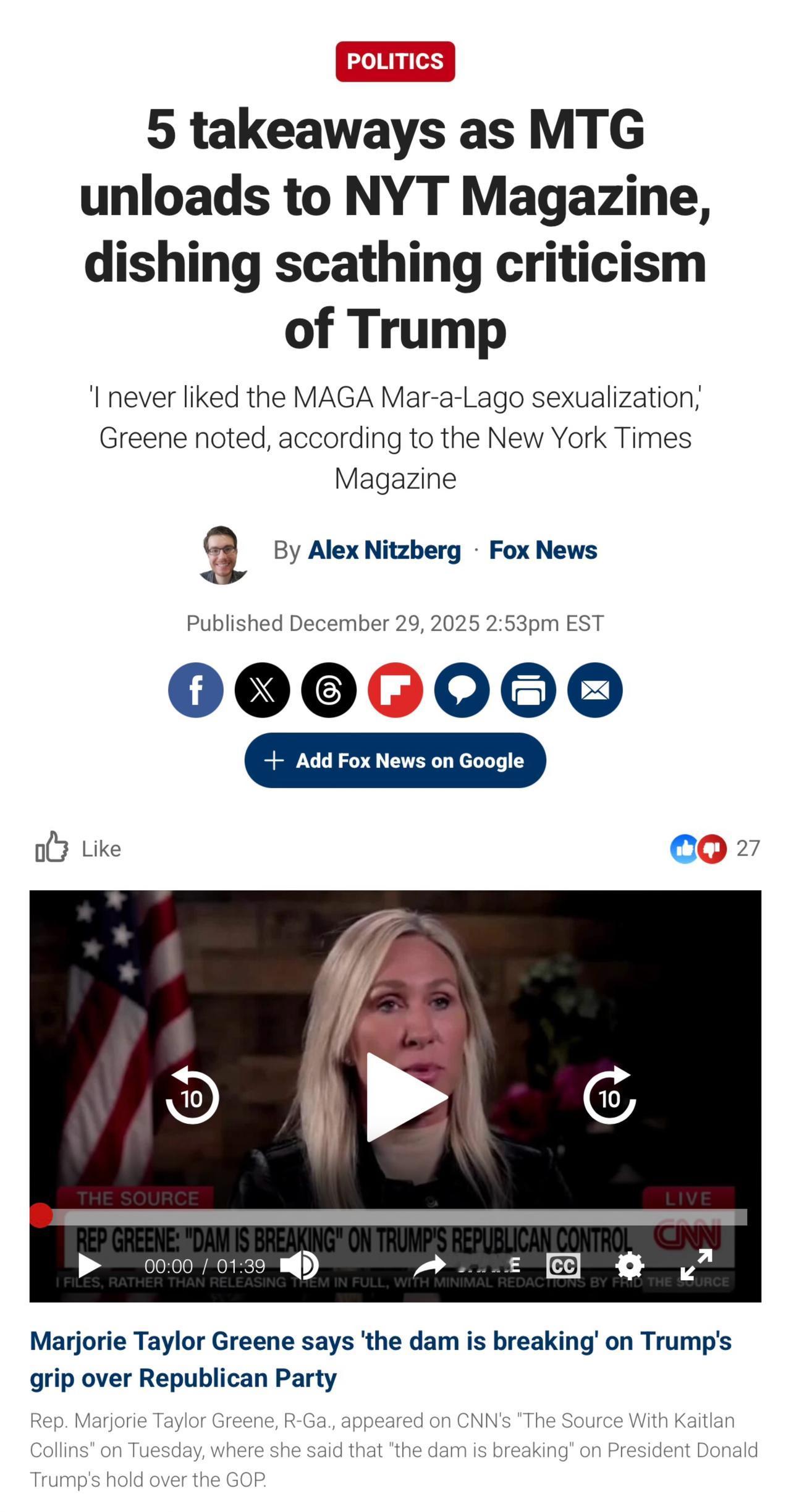 与特朗普正式决裂

即将卸任的美国乔治亚州众议员玛乔丽·泰勒·格林告诉《纽约时报