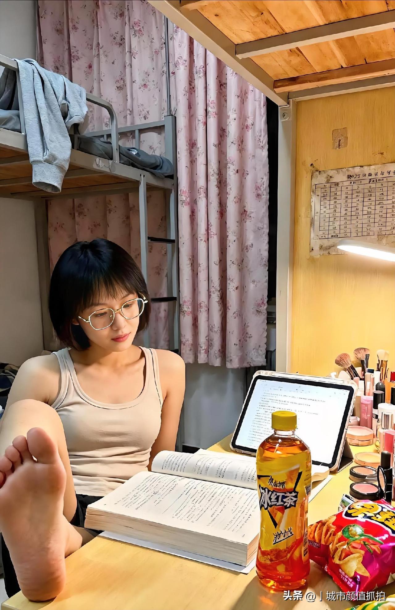 铁架床上的外套还半搭着，碎花窗帘把午后的阳光揉成了软乎乎的暖光。台灯早早就亮了起