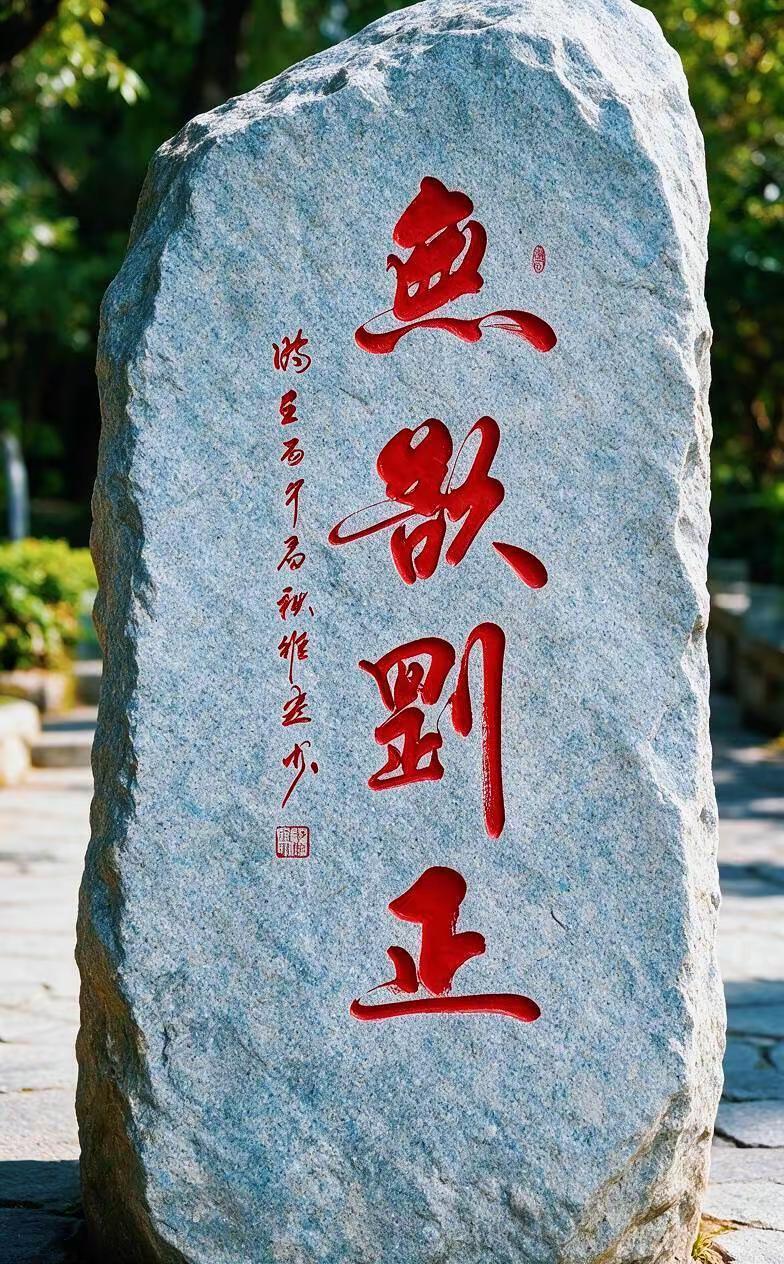 维安原创书法作品。AI书法红文石雕景