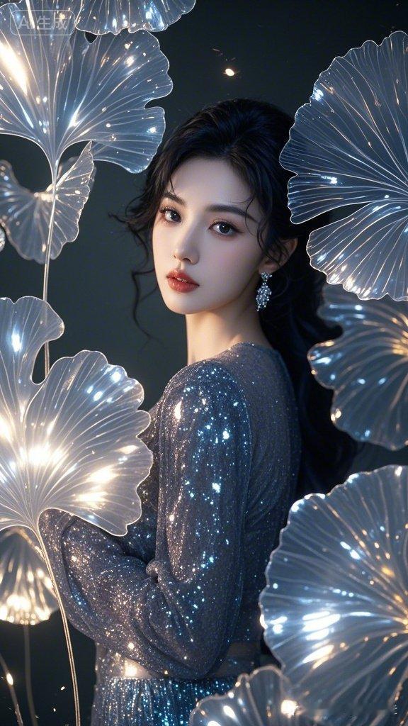 梦幻夜色中，冷艳秀丽的美人被发光透明银杏叶环绕，粒子朦胧，轮廓轻柔，画面层次高级