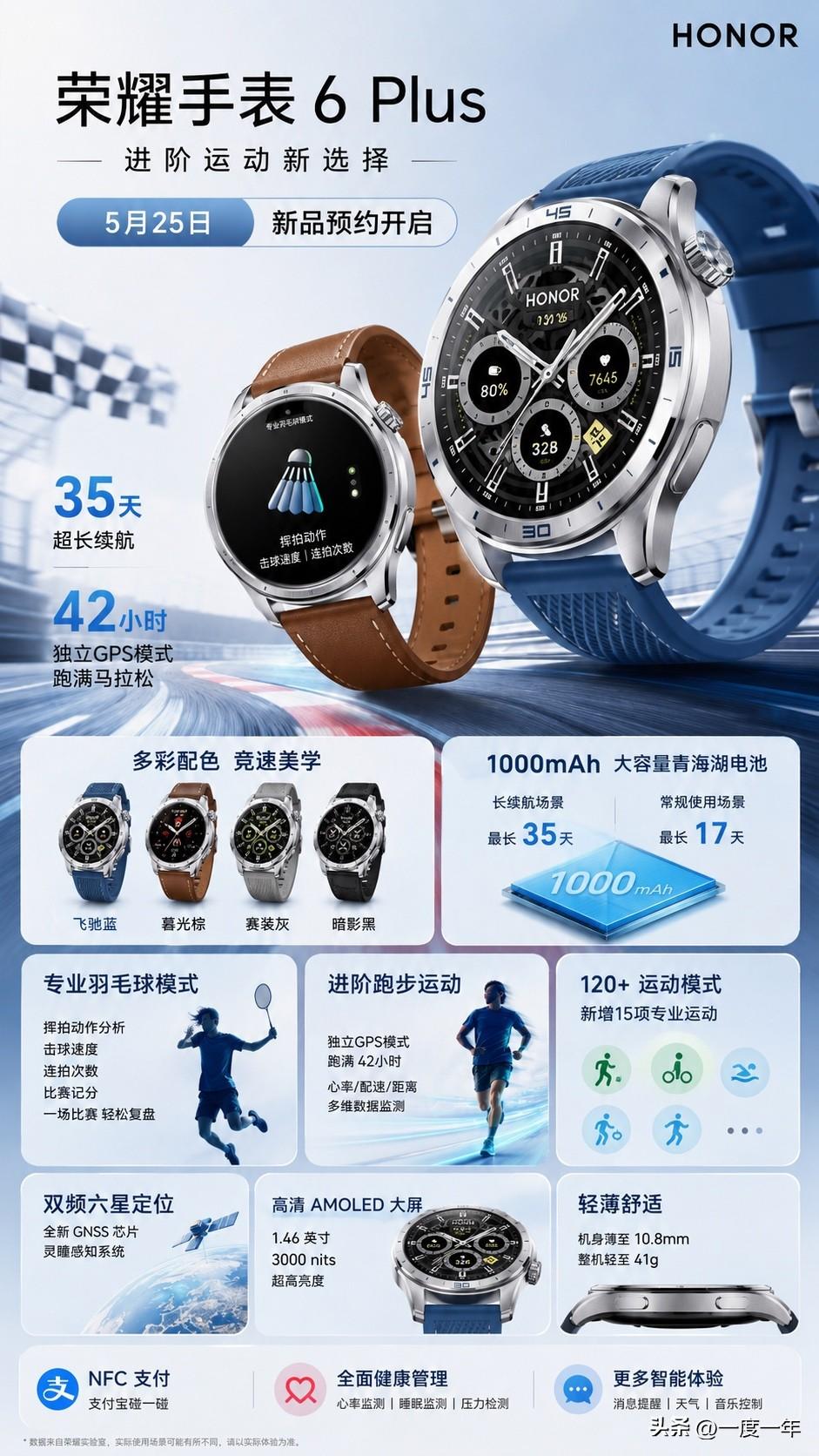 荣耀手表 6 Plus 正式开启预约了，这次明显是冲着“运动+长续航”来的。

