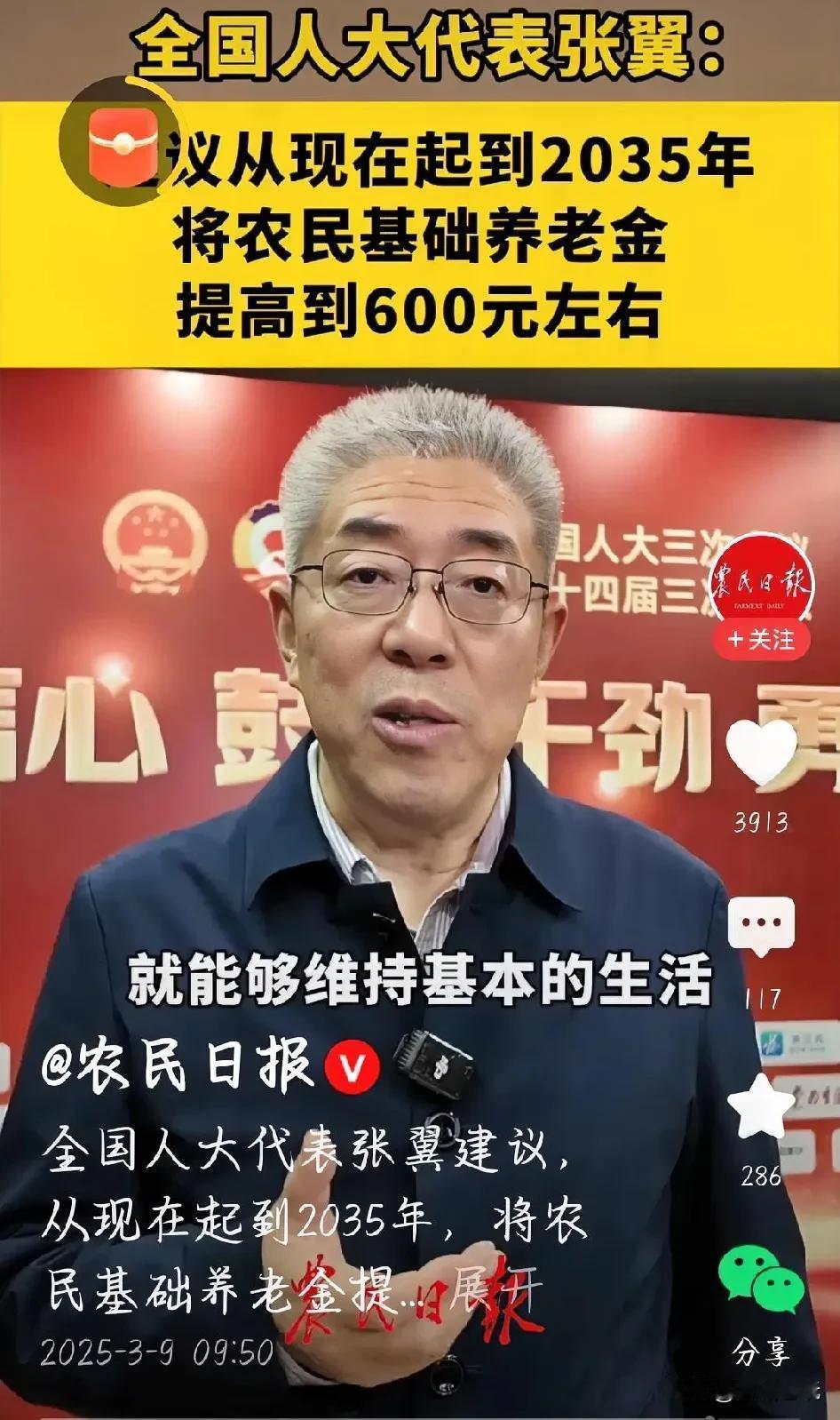 全国人大代表张翼建议：将农民养老金提高到600元，可行性分析。
全国人大代表张翼