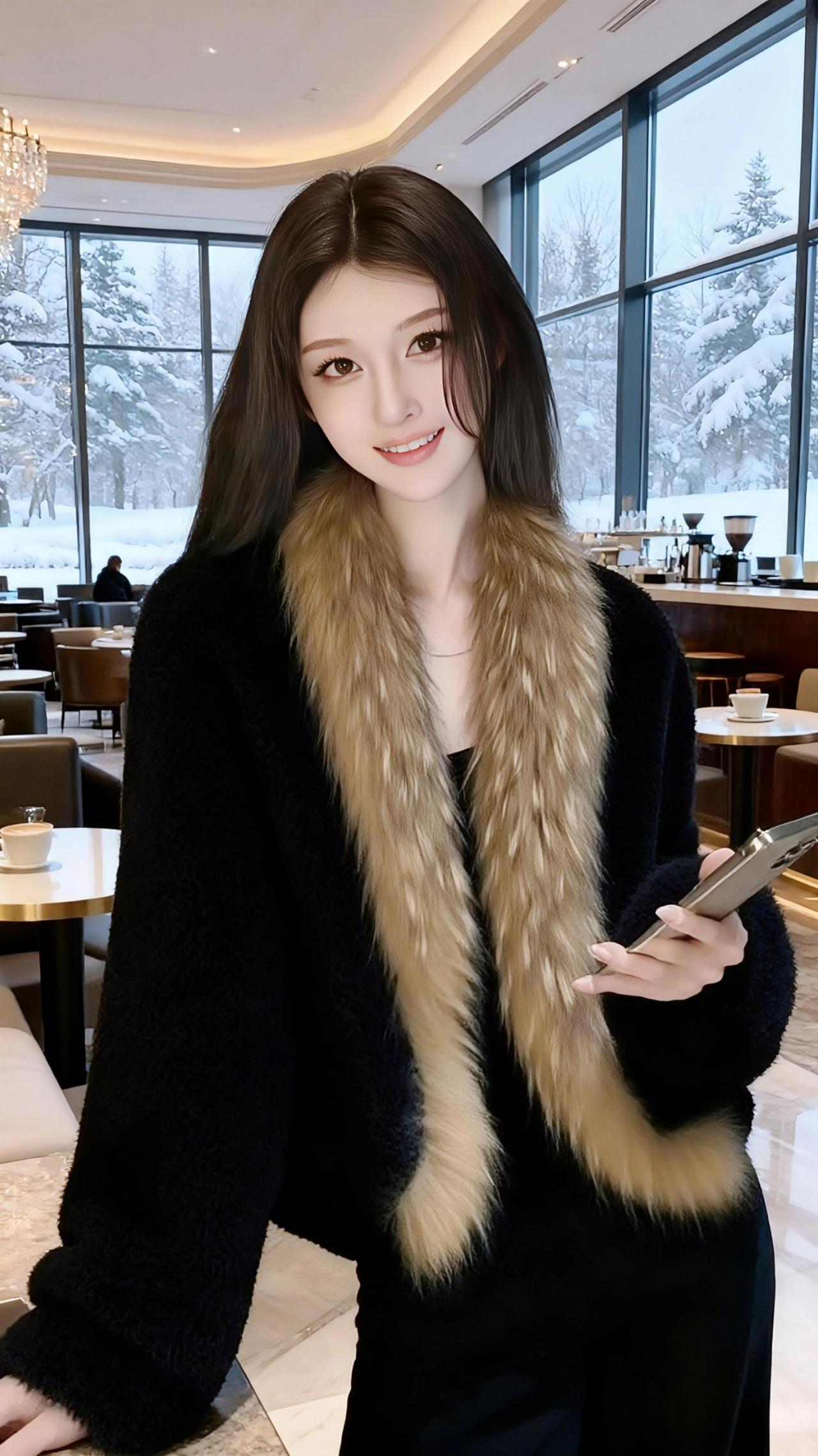 雪落进玻璃窗的褶皱里，把咖啡馆的暖光浸得软了。她裹着那袭黑绒，像裹了半盏深夜的暗