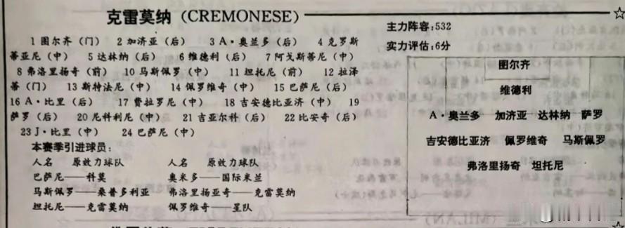 这是意甲联赛注明的升降级球队克雷莫纳，在95/96赛季克雷莫纳卖掉科主力射手基耶
