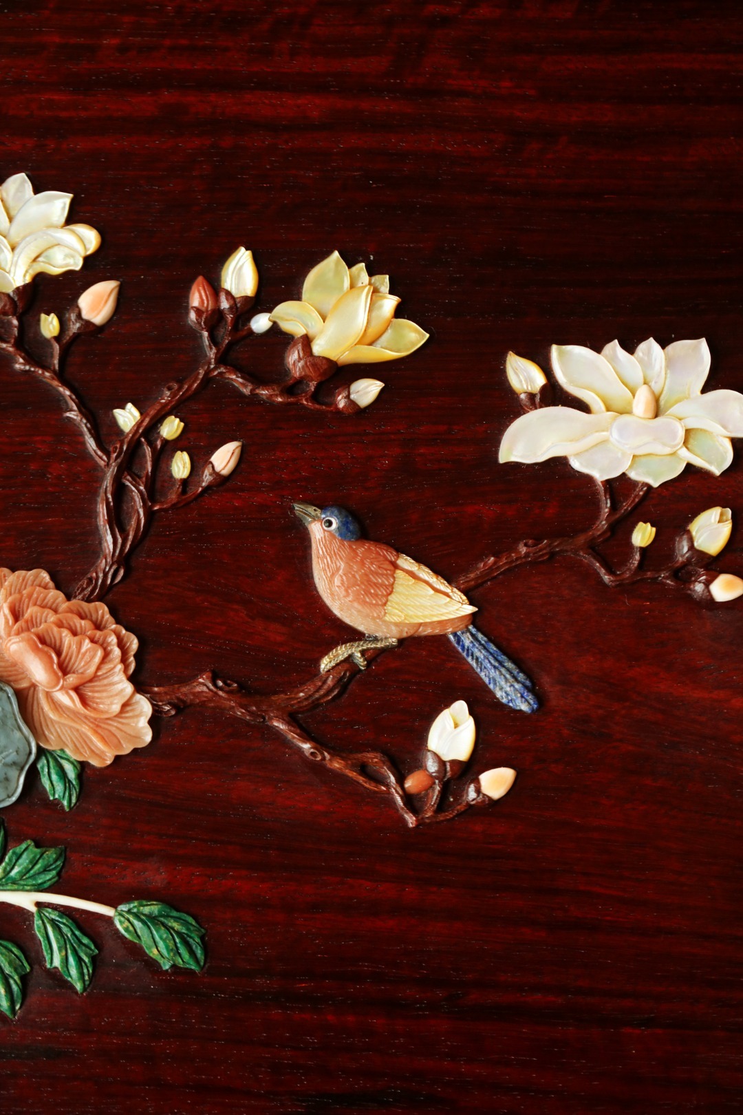 紫檀x百宝嵌【玉堂富贵】首饰盒小叶紫檀独板老料制，全独板榫卯结构，百宝嵌花鸟图案