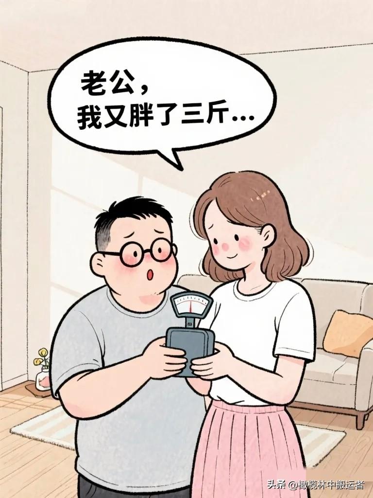 搞笑漫画：老婆捧着秤眼睛都红了：“老公，我又胖了三斤…”老公立马一脸真诚：“你在