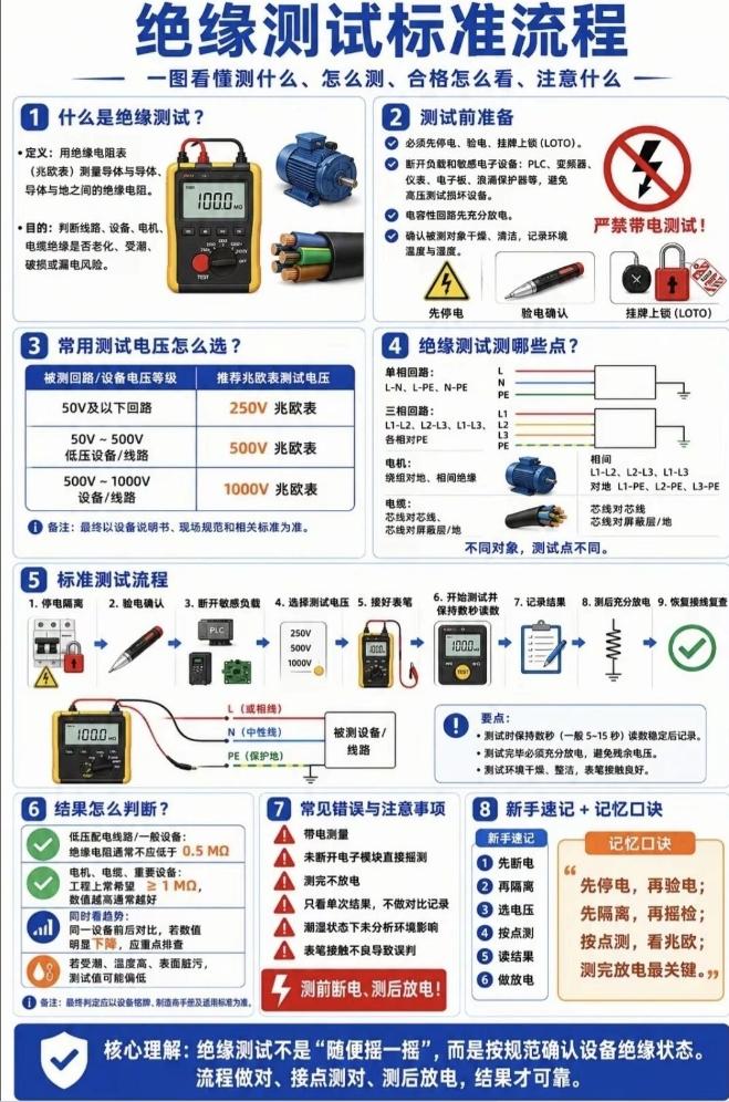 绝缘测试不是“随便摇一摇”，而是按规范确认设备绝缘状态。流程做对、接点测对、测后