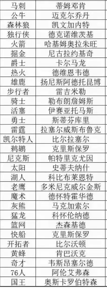 球迷总结的NBA各队第一人 ​​​