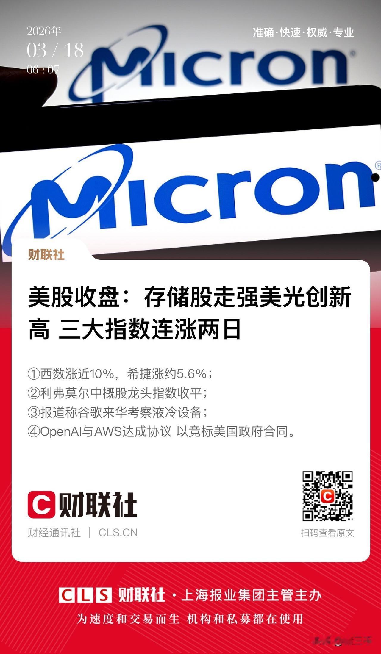 美股再次普涨存储芯片立功！
西部数据、美光科技再创历史新高，
希捷科技离新高也一