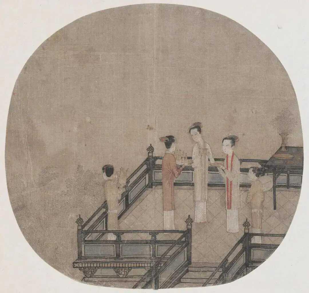 宋 刘宗古《瑶台步月图》。画中三位身着褙子长裙的仕女立于瑶台，或捧供品、或执茶盘