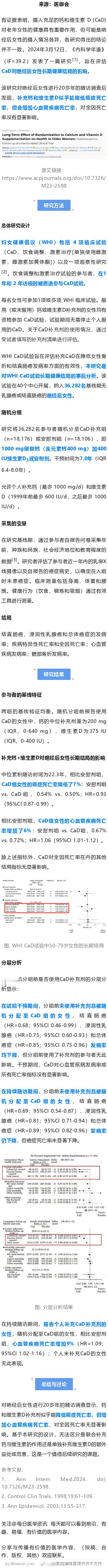 《内科学年鉴》：补充钙+维生素D可能是把“双刃剑”有证据表明，摄入充足的钙和维生