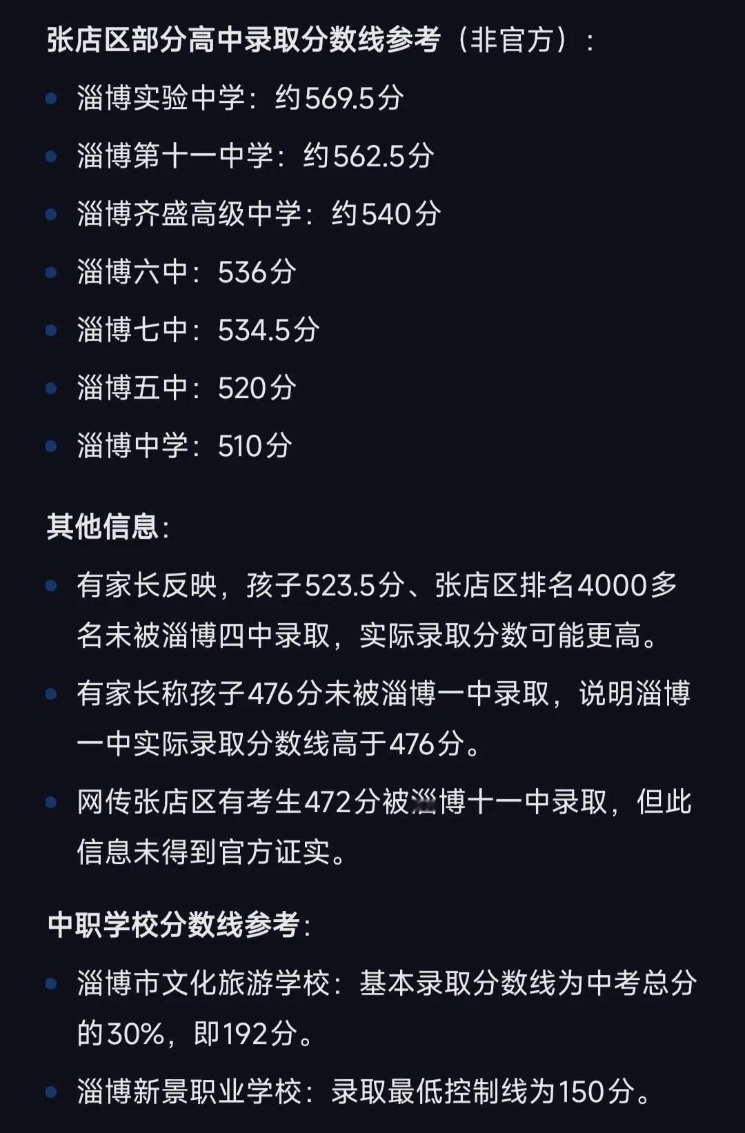 淄博中考已经录取完毕。现在各大高中的录取分数线还没有出来，不过民间倒是有一些数据