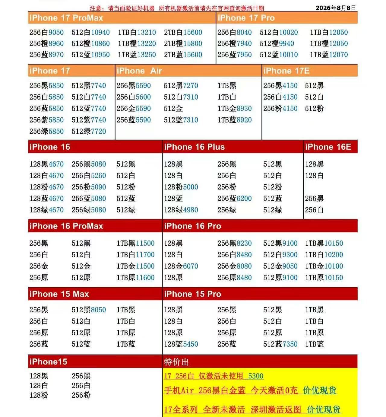 26年8月8日国行苹果手机系列价格更新，今天的17系列多数型号小跌，多数小跌二三
