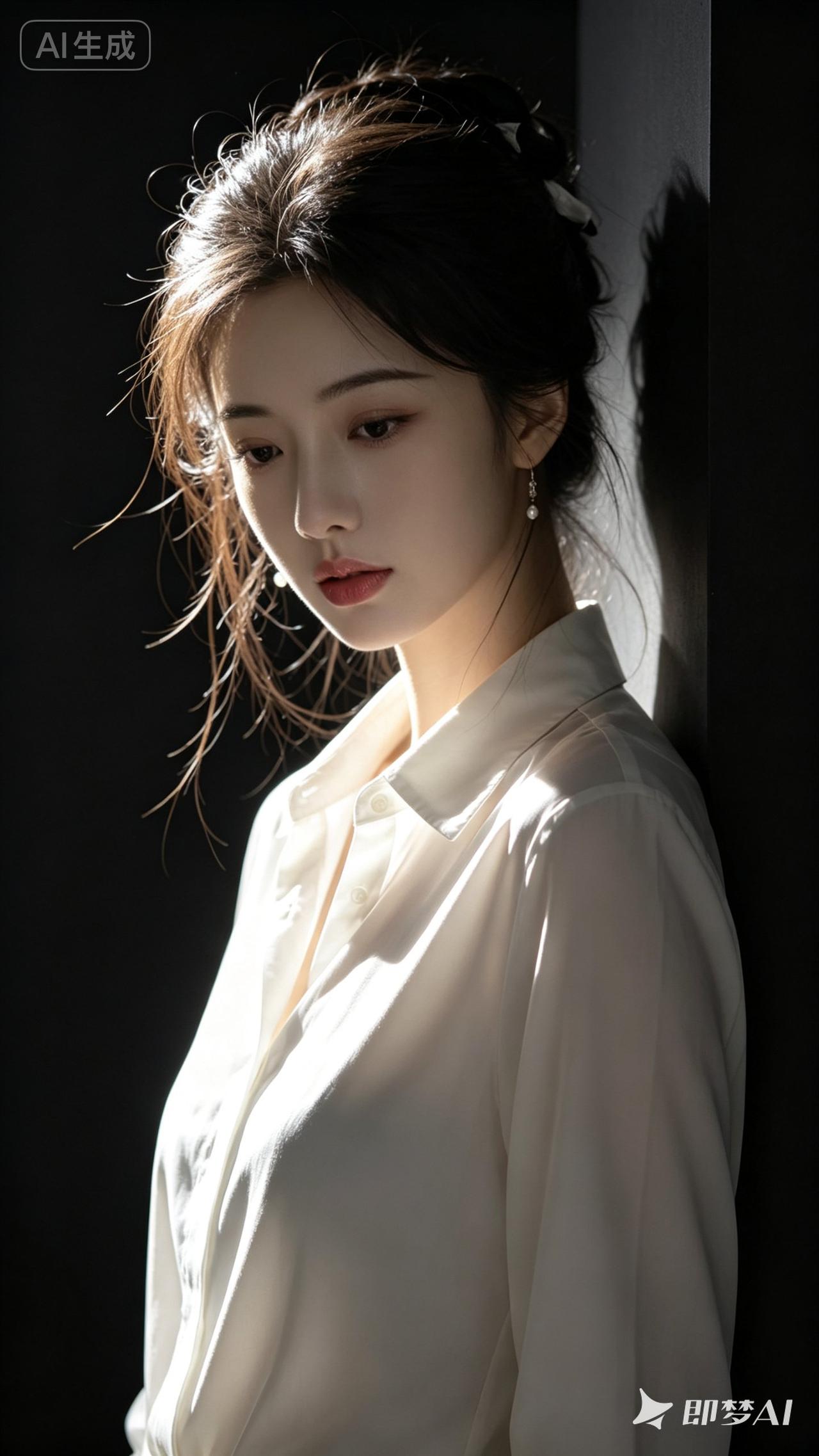 优雅白衬衫，光影下的温柔少女