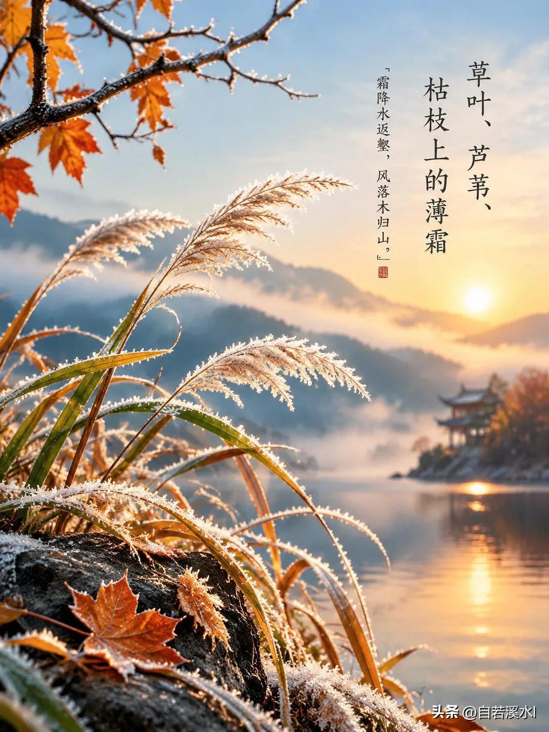 霜覆芦苇，晨染山河，愿君添衣保重，早安吉祥。