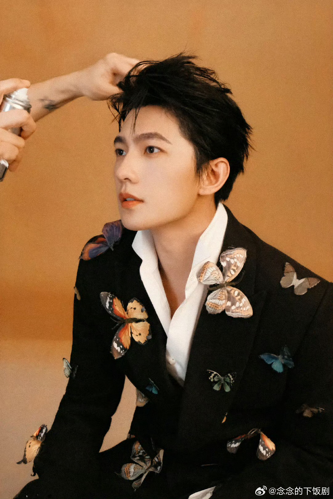 杨洋换风格了杨洋新风格太绝了，浓颜骨相超有冲击力，蝴蝶西装造型又野又精致，荷尔蒙