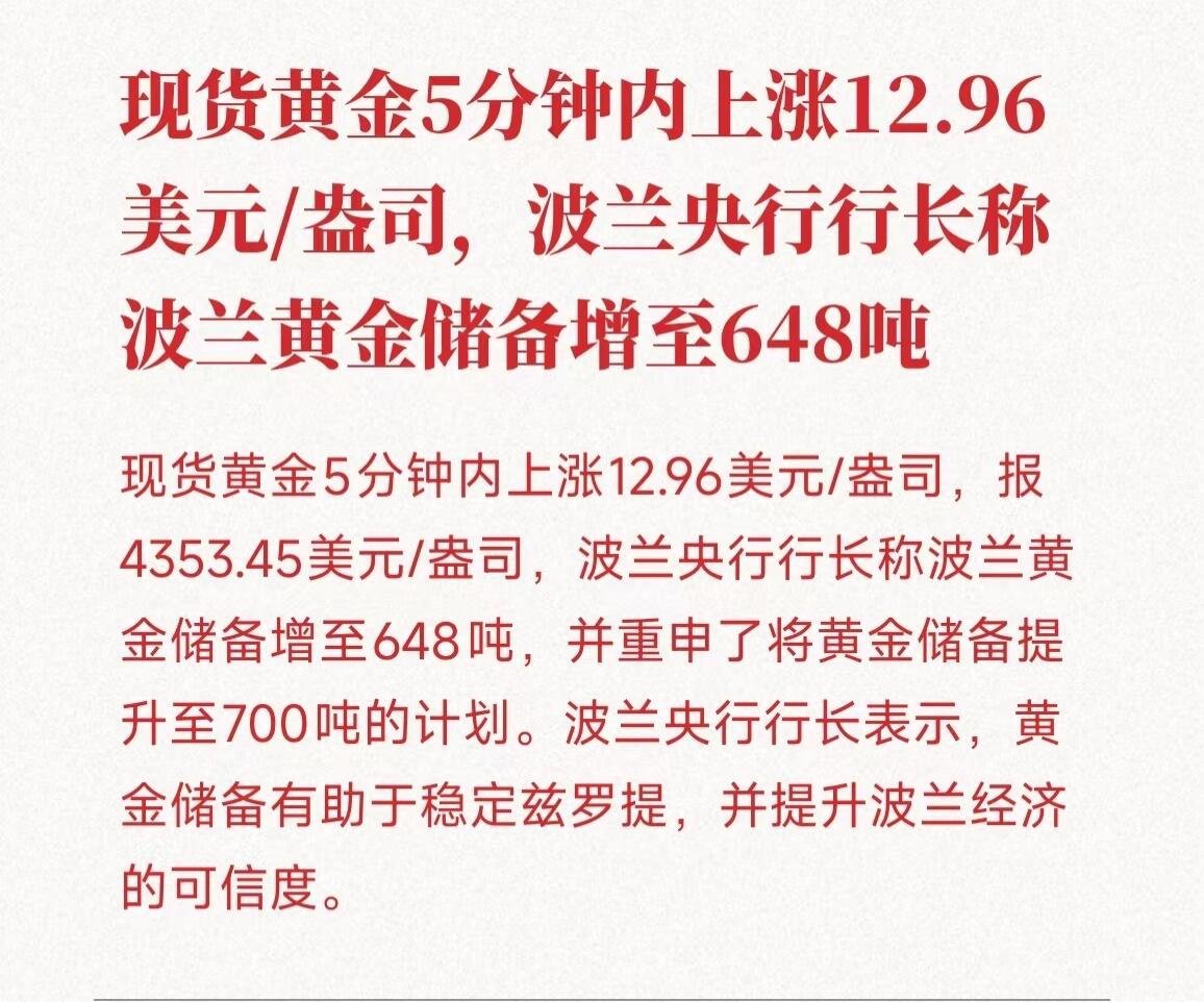 现货黄金5分钟内上涨12.96美元/盎司，波兰央行行长称波兰黄金储备增至648吨