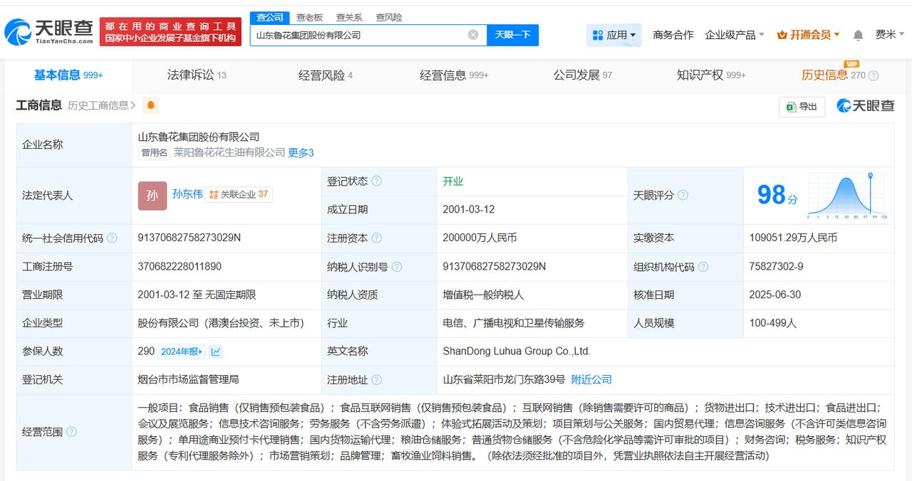 鲁花集团变更为股份有限公司
鲁花集团增资至20亿
天眼查App显示，近日，山东鲁
