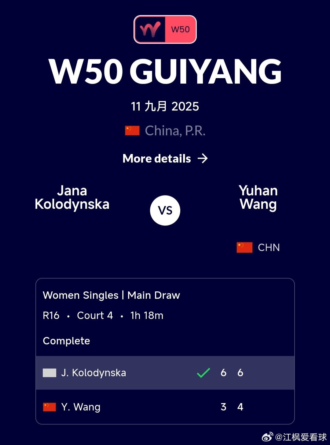 W50贵阳站🇨🇳女单第二轮小将王雨涵🇨🇳3-6/4-6不敌科洛金斯卡🇧