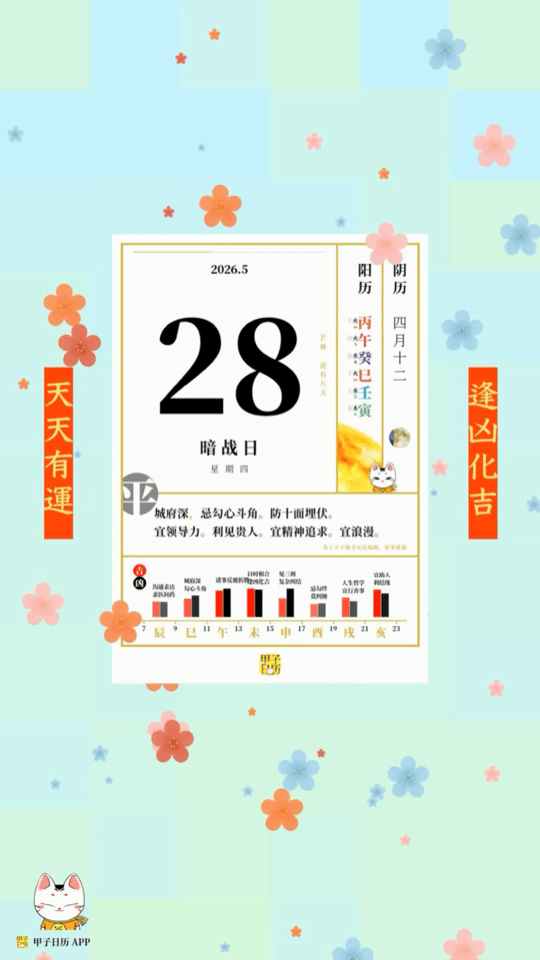 甲子日历 5 月 28 日，暗战日。城府深，忌勾心斗角。防十面埋伏。📆 星座人