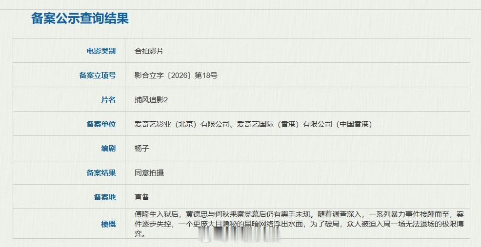 【捕风追影2备案】捕风追影第二部备案 据国家电影局关于2026年6月下全国电影剧