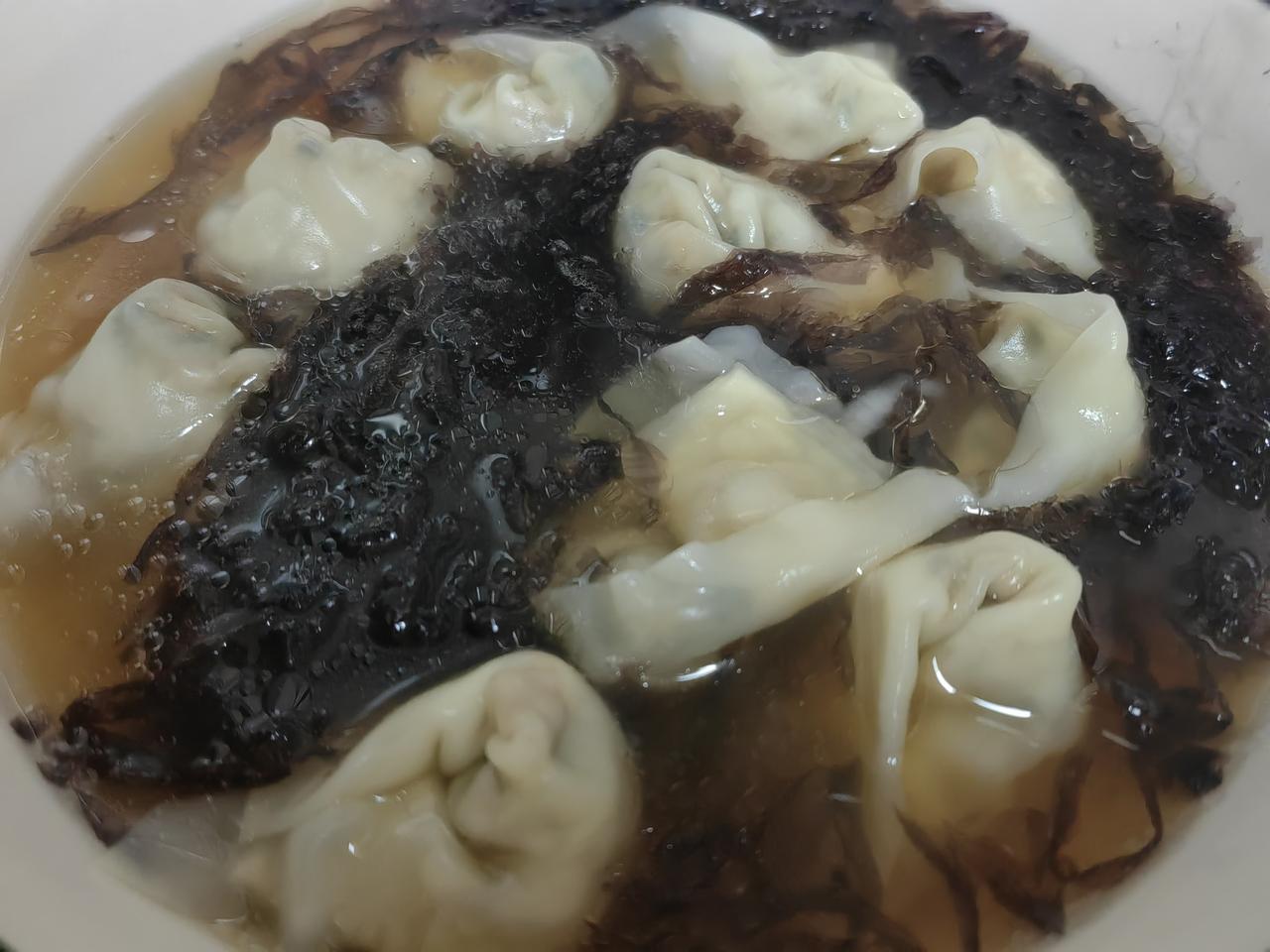 早饭，一碗青菜肉馅紫菜馄饨。吃了南下。