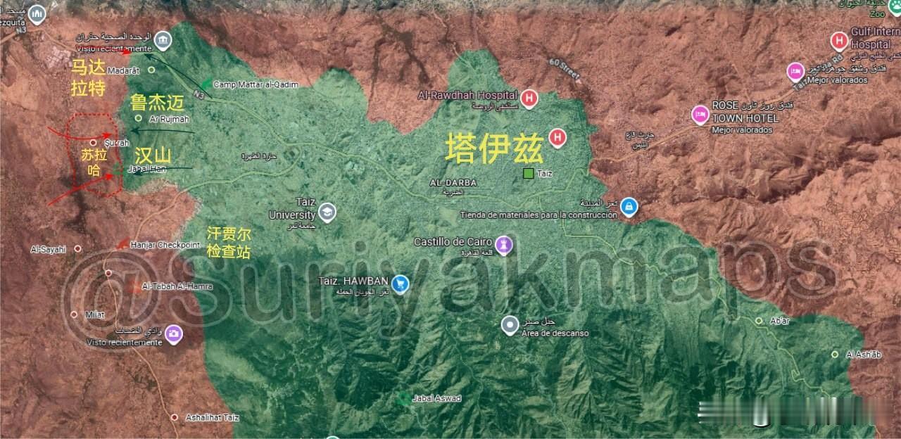 西班牙信源“牢苏”（Suriyak）更新了10月15日也门塔伊兹前线的局势图，并