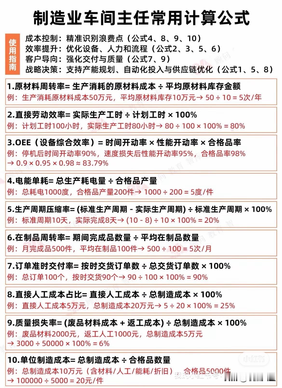 制造业车间主任常用计算公式企业管理 工厂公式