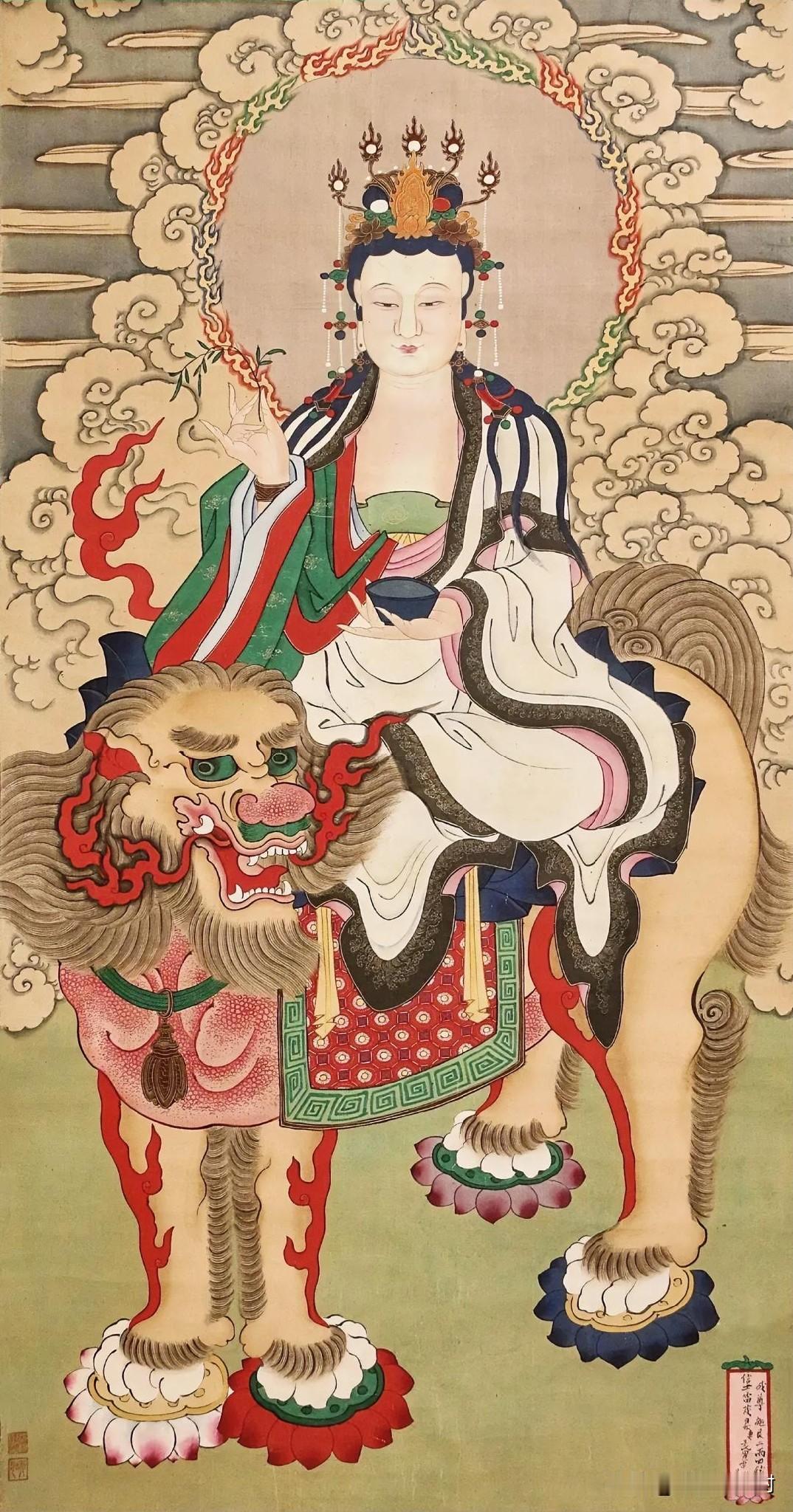 清代民间水陆画精品！杨柳观音骑金毛犼，满幅烟火气的东方慈悲
 
逛古画总能被旧时