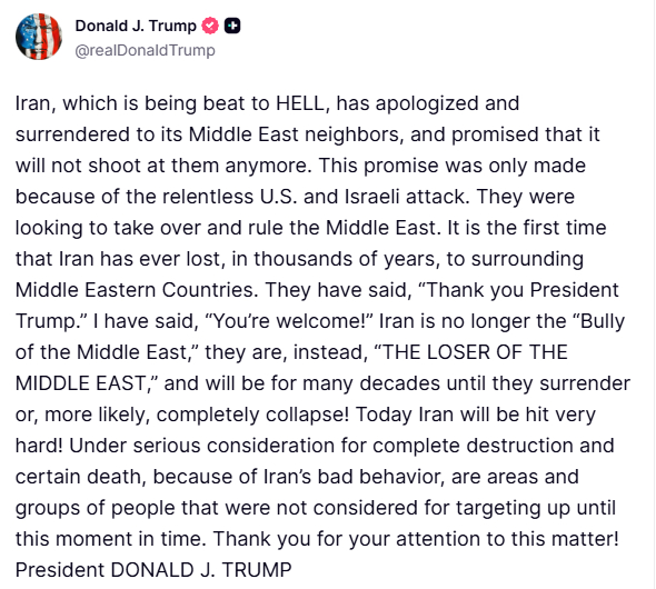 伊朗总统宣布伊朗不再攻击周边的国家，除非它们对伊朗发动攻击。阿川立刻发帖，称伊朗