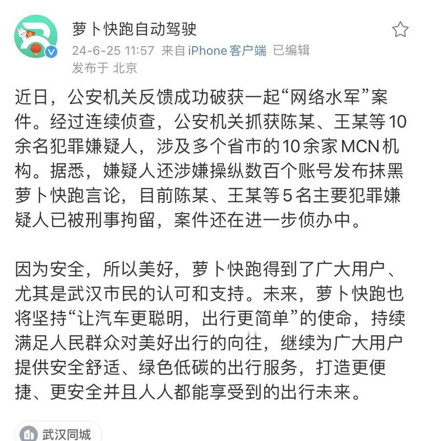 10余名犯罪嫌疑人涉嫌操纵数百个账号发布抹黑萝卜快跑言论，他们终究要为自己的行为
