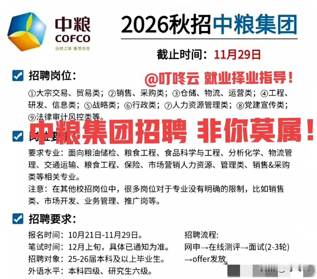 央企正编岗位！中粮集团26年招聘要求及流程汇总合集！一图概览，非常稀缺的机会！报